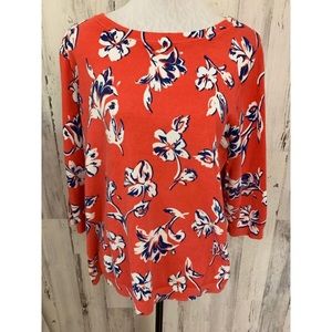 LANDS END Red Floral 100 Cotton 3/4 Sleeve Sweater